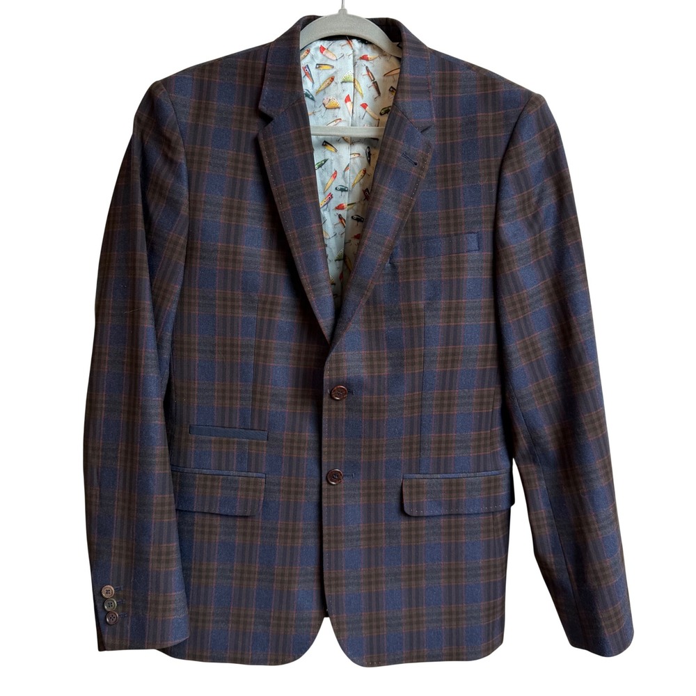Ted Baker Tight Lines Blazer 38R Blue Brown Plaid Windowpane Preppy Sport Coat